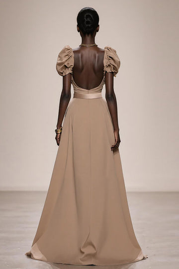 Coffee Satin Puff Sleeve Mermaid Long Evening Dress with Belt